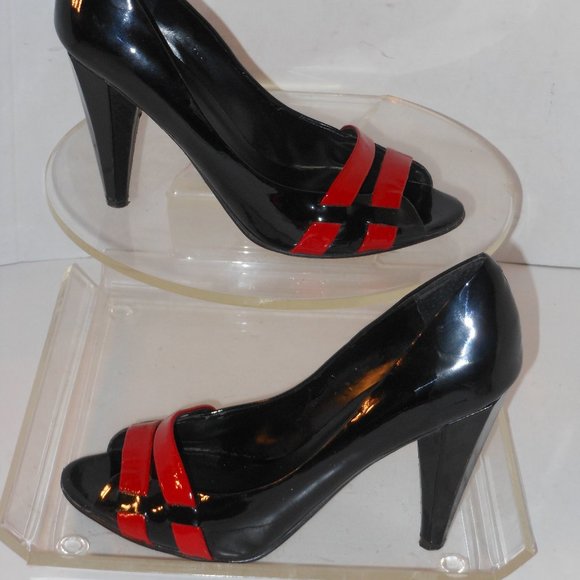 NINE WEST BLACK AND RED LEATHER OPEN TOE PUMPS SIZ - Picture 2 of 5